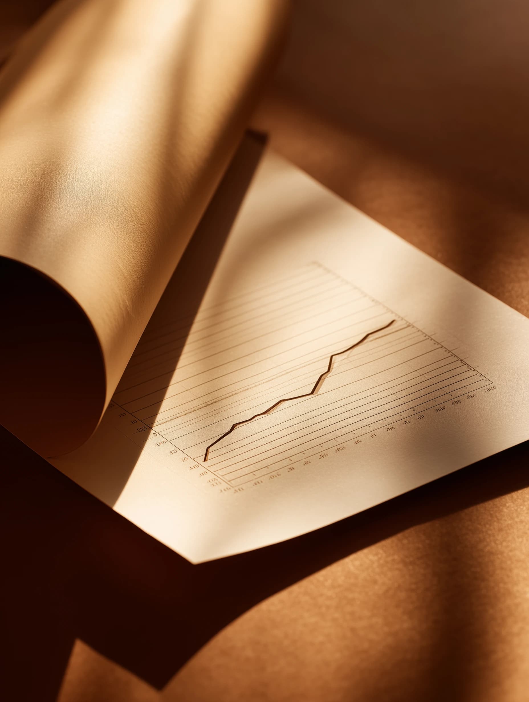 A rising performance curve printed on a cream report page in warm raking light - capital under stewardship, measured by results.